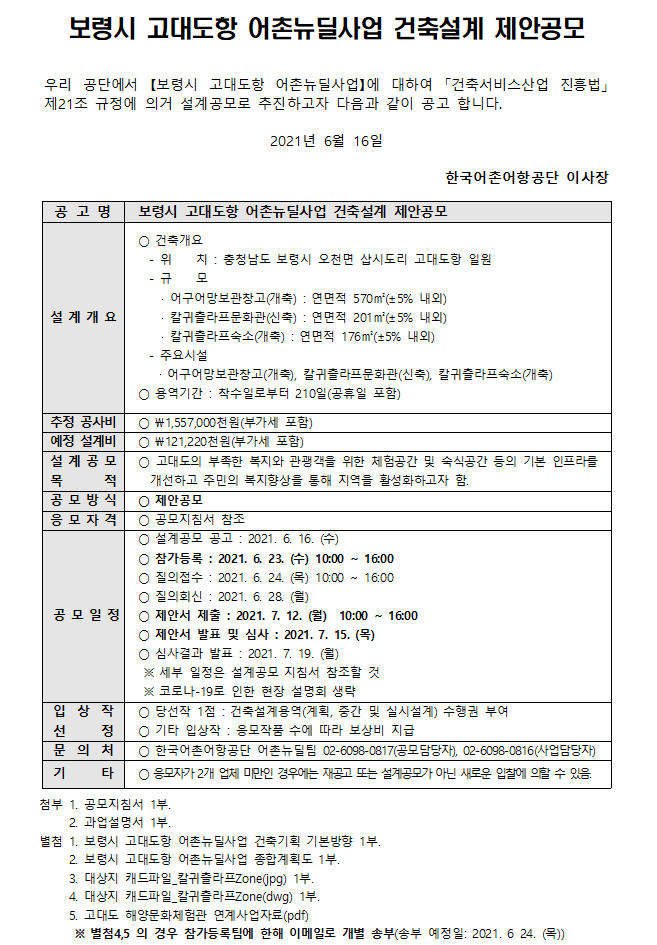 보령시고대도항 어촌뉴딜사업 건축설계 제안공모 우리공단에서 (보령시 고대도항 어촌뉴딜사업)에 대하여 건축서비스산업 진흥법 제 21조 규정에 의거 설계공모로 추진하고자 다음과 같이 공고 합니다 2021년 6월 16일 한국어촌어항공단 이사장 공고명 보령시 고대도항 어촌뉴딜사업 건축설계 제안공모 
설계 개요 건축개요 -위치: 충청남도 보령시 오천면 삽시도리 고대도항 일원 -규모 어구어망보관창고(개축): 연면적 570m(+-5%내이) 칼귀츨라프문화관(신축):연면적 201m(+-%5내외) 칼귀츨라프숙소(개축): 연면적 176m(+-5%내외) -주요시설 어구어망보관창고(개축), 칼귀츨라프문화관(신축), 칼귀츨라프숙소(개축) 용역기간: 착수일로부터 210일(공휴일포함)
추정 공사비 *1,557,000천원(부가세 포함)
예정 설계비 *121,220천원(부가세 포함)
설계공모 목적 * 고대도의 부족한 복지와 관강객을 위한 체험공간 및 숙식공간 등의 기본 인프라를 개선하고 주민의 복지향상을 통해 지역활성화하고자 함.
공모방식 * 제안공모
응모자격 * 공모지침서 참조
공모일정 * 설계공모 공고: 2021.6.16(수) *참가등록: 2021.06.23(수) 10:00 ~ 16:00 *질의접수: 2021.06.24(목) 10:00 ~16:00 *질의회신: 2021.6.28(월) *제안서제출: 2021.7.12(월) 10:00~16:00 *제안서발표 및 심사: 2021.7.15(목) * 심사결과발표: 2021.7.19 (월) 세부일정은 설계공모 지침서 참조할 것, 코로나-19로 인한 현장 설명회 생략
입상작선정 당선작1점: 건축설계용역(계획, 중간 및 시시설계) 수행권 부여, 기타 입상작: 응모작품 수에 따라 보상비 지금
문의처 한국어촌ㅇ항공단 어촌뉴딜팀 0260980817(곰오당당자), 0260980816(사업담당자)
기타 응모자가 2개 업체 미만인 경우에는 재공고 또는 설계공모가 아닌 새로운 입찰에 의할 수 있음
첨부 1. 공모지침서 1부 2. 과업설명서 1부
별첨 1. 보령시 고대도항 어촌뉴딜사업 건축기획 기본방향 1부 2. 보령시 고대도항 어촌뉴딜사업 종합계획도 1부 3. 대상지 캐드파일 칼귀츨리프Zone(jpg) 1부 4. 대상시 캐드파일_칼귀츨라프Zone(dwg) 1부 5. 고대도 해양문화체험관 연계사업자료(pdf) 별첨4,5의 경우 참가등록팀에 한해 이메일로 개별 송부(송부 예정일: 2021.6.24(목))