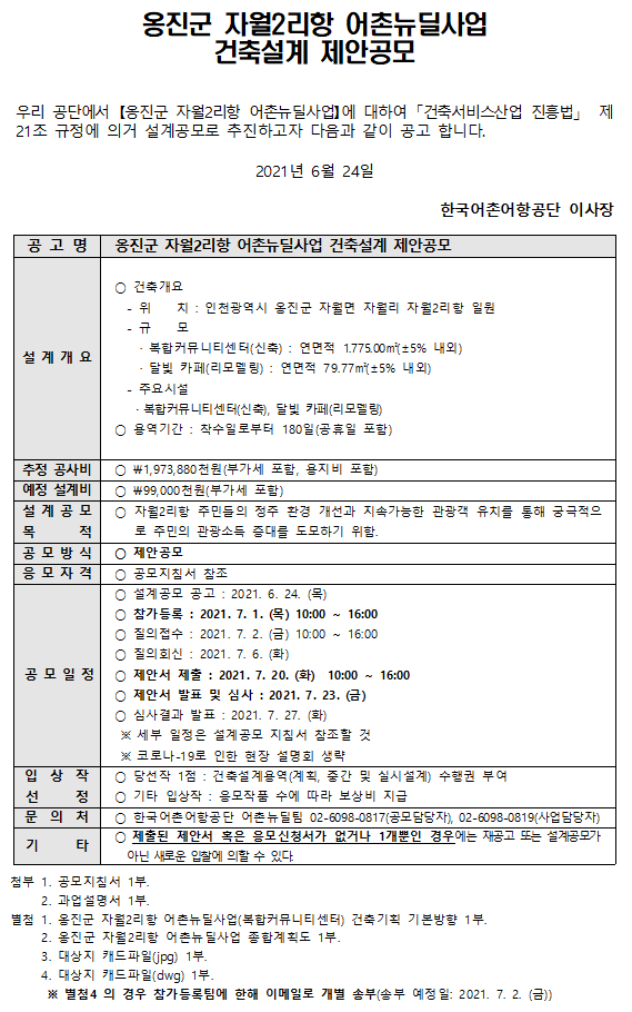 
옹진군 자월2리항 어촌뉴딜사업 건축설계 제안공모 우리공단에서 옹진군 자월2리항 어촌뉴딜사업에 대하여 건축서비스산업 진흥법 제21조 규정에 의거 설계공모로 추진하고자 다음과 같이 공고 합니다. 2021년 6월 24일 한국어촌어항공단 이사장 공고명 옹진군 자월2리항 어촌뉴딜사업 건축설계 제안공모 설계 개요 건축위치 -위치 :인천광역시 옹진군 자월면 자월리자월2리항 일원 -규모 복합커뮤니티센터(신축): 연면적 1,775.00m(+-5%내외) 달빛 카페(리모델링): 연면적 79.77m(+5%내외) -주요시설 복합커뮤니티센터(신축) 달빛카페(리모델링) * 용역기간: 착수일로부터 180일(공휴일 포함)
추정 공사비 1,973,800천원(부가세포함)
예정설계비 99,000천원(부가세포함)
공모방식 제안공모
응모자격 공모지침서 참조
공모일정 *설계공모 공고: 2021.6.24(목) *참가등록:2021.7.1(목) 10:00 ~ 16:00 질의접수: 2021.7.2(금) 10:00~16:00 * 질의회신: 2021.7.6(화) *제아서 젳ㄹ: 2021.7.20(화) 10:00 ~16:00 * 제안서 발표 및 심사 :2021.7.23(금) * 심사결과 발표: 2021.7.27.(화) 세푸 일정은 설계공모 지침서 참조할 것, 코로나19로 인한 현장 설명회 생략
입상작선정 *당선작1점: 건축설계용역(계획, 중간 및 실시설계) 수행권부여 *기태입상작: 응모작품 수에 따라 보상비 지급
문의처 *한국어촌어항공단 어촌뉴딜팀 0260980817(공모담당자), 0552456310(사업담당자) 
기타 * 제출된 제안서 혹은 응모신청서가 없거나 1개뿐인 경우에는 재공고 또는 설계공모가 아닌 새로운 입찰에 의할 수 있다
첨부 1. 공모지침서 1부 2. 과업설명서 1부 별첨 1. 옹진군 자월2리항 어촌뉴딜사업(복합커뮤니티센터) 건축기획 기본방향 1부 2. 옹진군 자월2리항 어촌뉴딜사업 종합계획도 1부 3. 대상지 캐드파일(jpg)1부 4. 대상지 캐드파일(dwg) 1부 별첨4의 경우 참가등록팀에 한해 이메일로 개별송부(송부예정일 2021.7.2(금))