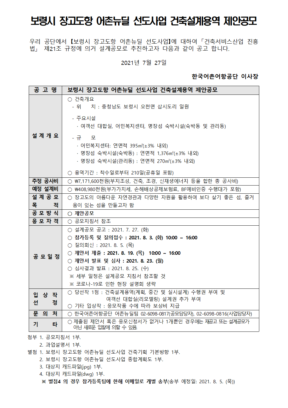 보령시 장고도항 어촌뉴딜사업 건축설계 제안공모 우리공단에서 보령시 장고도항 어촌뉴딜사업에 대하여 건축서비스산업 진흥법 제21조 규정에 의거 설계공모로 추진하고자 다음과 같이 공고 합니다. 2021년 7월 27일 한국어촌어항공단 이사장 공고명 통영시 내지항 어촌뉴딜사업 건축설계 제안공모 설계 개요 건축위치 -위치 :충청남도 보령시 오천면 삽시도리 일원  -규모 어민복지센터 연면적 395m(+-5%내외), 명장섬 숙박시설(숙박동) 연면적 1,376m(+-5%내외), 명장섭 숙박시설(관리동) 연면적 270m(+-5%내외) *용역기간: 착수일로부터 210일(공휴일포함)
추정 공사비 7,171,600천원(부가세포함)
예정설계비 408,980천원(부가세포함)
설계공모목적 장고도의 아름다운 자연경관과 다양한 자원을 활용하여 보다 살기 좋은 섬, 즐거움이 있는 섬을 만들고자 함
공모방식 제안공모
응모자격 공모지침서 참조
공모일정 *설계공모 공고: 2021.7.27(화) *참가등록 및 질의접수: 2021.8.3(화) 10:00~16:00 * 질의회신: 2021.8.5(목) *제안서 제출: 2021.8.19(목) 10:00 ~16:00 * 제안서 발표 및 심사 :2021.8.23(월) * 심사결과 발표: 2021.8.25.(수) 세푸 일정은 설계공모 지침서 참조할 것, 코로나19로 인한 현장 설명회 생략
입상작선정 *당선작1점: 건축설계용역(계획, 중간 및 실시설계) 수행권부여 *기태입상작: 응모작품 수에 따라 보상비 지급
문의처 *한국어촌어항공단 어촌뉴딜팀 0260980817(공모담당자), 0552456310(사업담당자) 
기타 * 제출된 제안서 혹은 응모신청서가 없거나 1개뿐인 경우에는 재공고 또는 설계공모가 아닌 새로운 입찰에 의할 수 있다
첨부 1. 공모지침서 1부 2. 과업설명서 1부 별첨 1보령시 장고도항 어촌뉴딜사업 건축기획 기본방향 1부 2. 보령시 장고도항 어촌뉴딜사업 종합계획도 1부 3. 대상지 캐드파일(jpg)1부 4. 대상지 캐드파일(dwg) 1부 별첨4의 경우 참가등록팀에 한해 이메일로 개별송부(송부예정일 2021.8.3(화))
